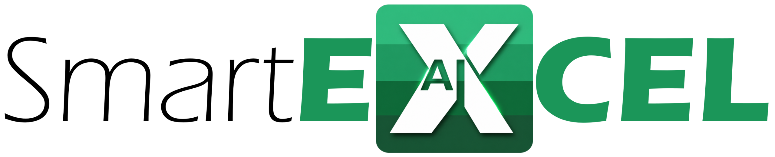 Logo "SmartEXCEL" ze stylizowaną literą "X" w formie zielonej ikony, w którą sprytnie wkomponowano napis "AI"