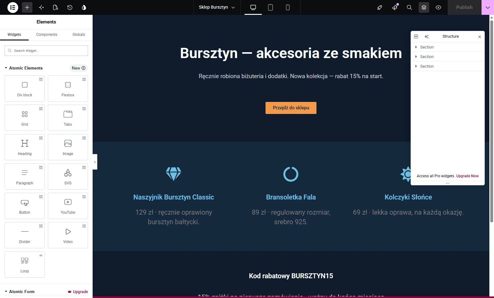 Prawdziwy zrzut ekranu: edytor Elementor ze stroną Sklep Bursztyn zbudowaną przez agenta AI