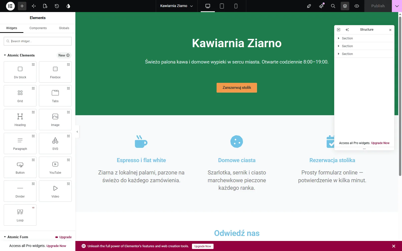 Prawdziwy zrzut ekranu: edytor Elementor z sekcjami zbudowanymi przez agenta AI