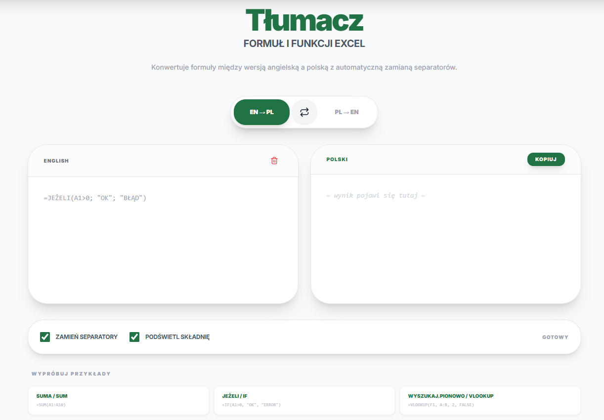 Tłumacz formuł Excel EN-PL