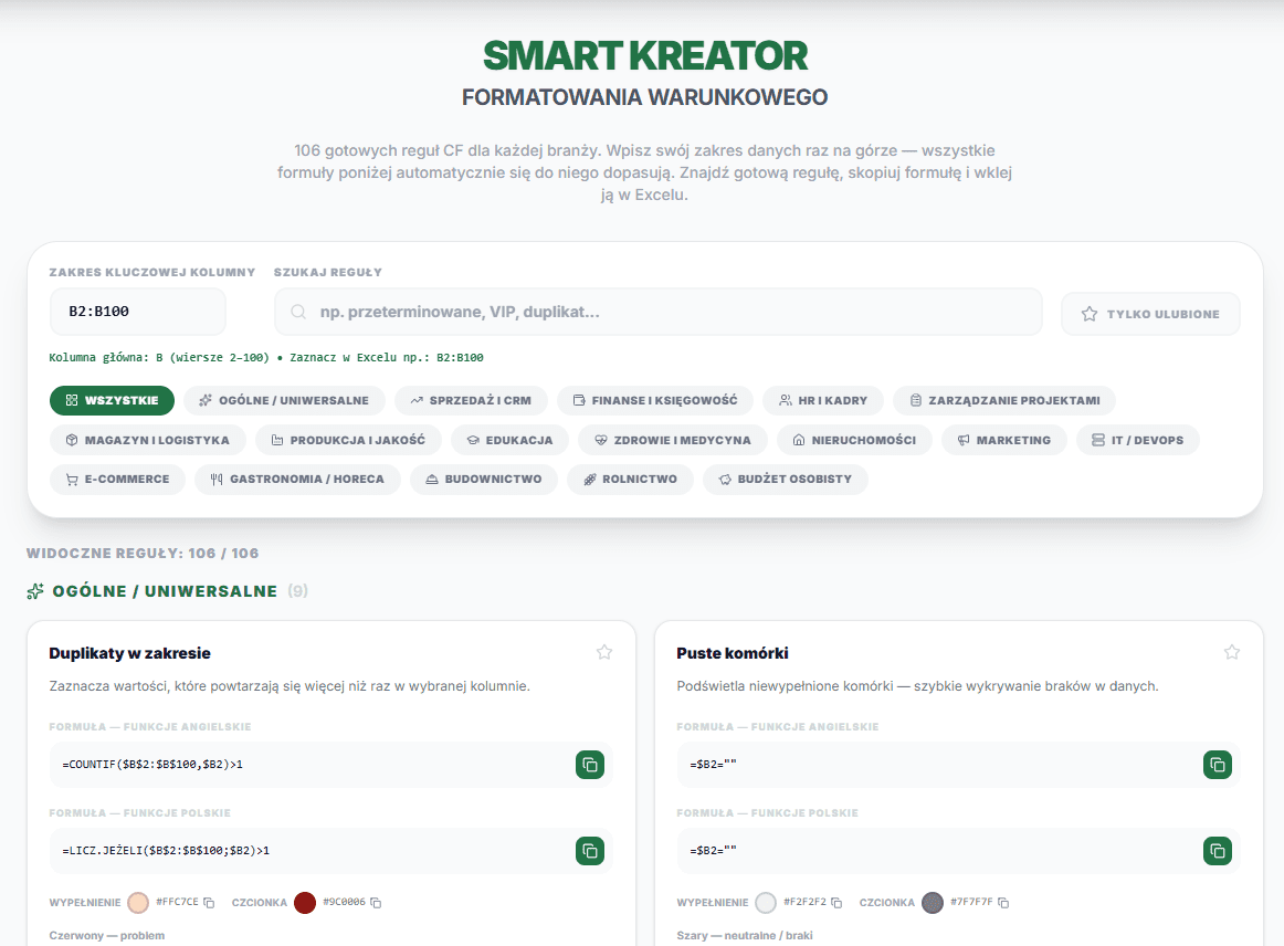 Smart Kreator Formatowania Warunkowego - 106 gotowych reguł