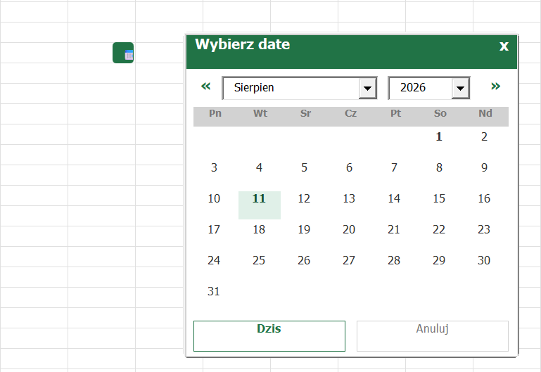 Smart Mini Kalendarz - popup wyboru daty w Excelu