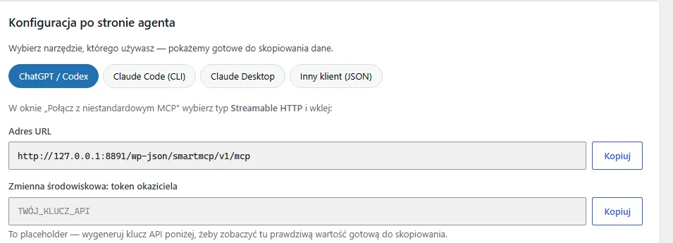Prawdziwy zrzut ekranu: konfiguracja po stronie agenta w SmartMCP, z zakładkami dla ChatGPT/Codex, Claude Code i Claude Desktop