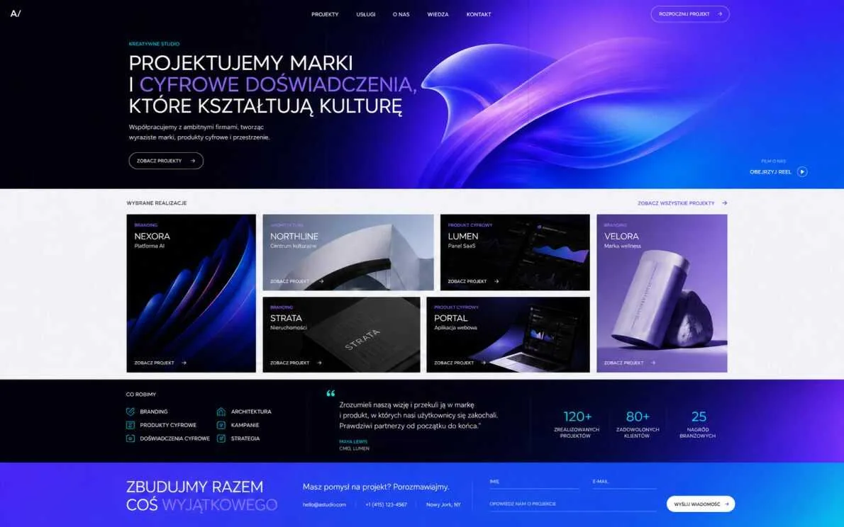 Wizualizacja: strona agencji kreatywnej z portfolio projektów, fioletowo-niebieski gradient