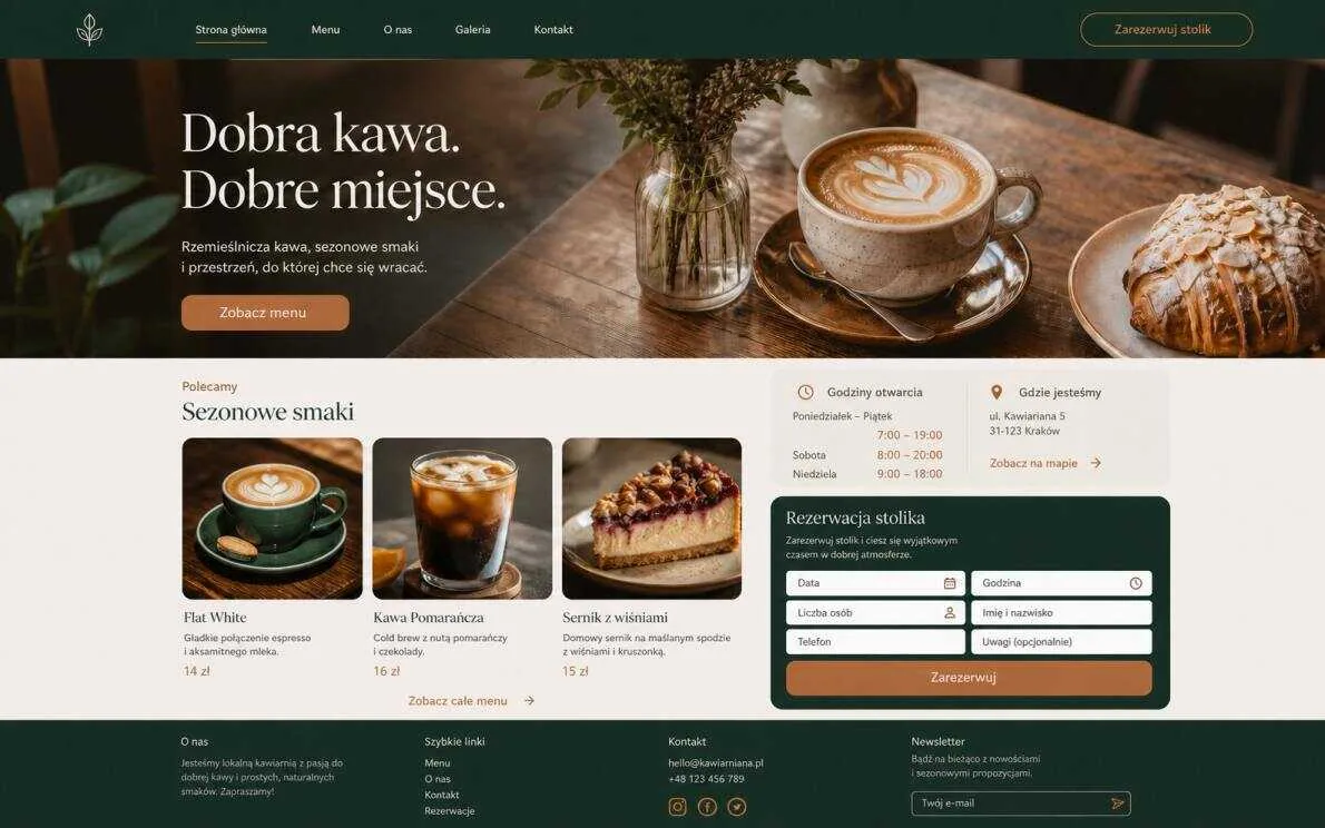 Wizualizacja: strona lokalnej kawiarni z menu i formularzem rezerwacji