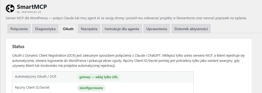 Panel SmartMCP — automatyczny OAuth i DCR