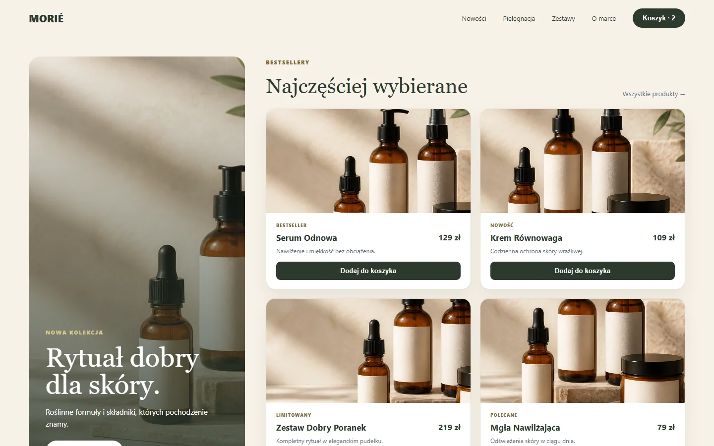 Przykład: elegancki sklep WooCommerce z naturalnymi kosmetykami i cenami produktów