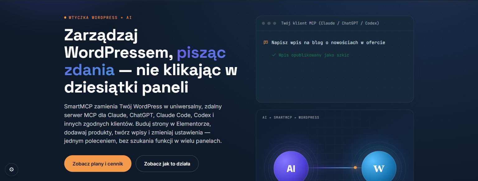 Aktualna strona SmartMCP — uniwersalny serwer MCP dla WordPressa zgodny z Claude, ChatGPT, Claude Code i Codex